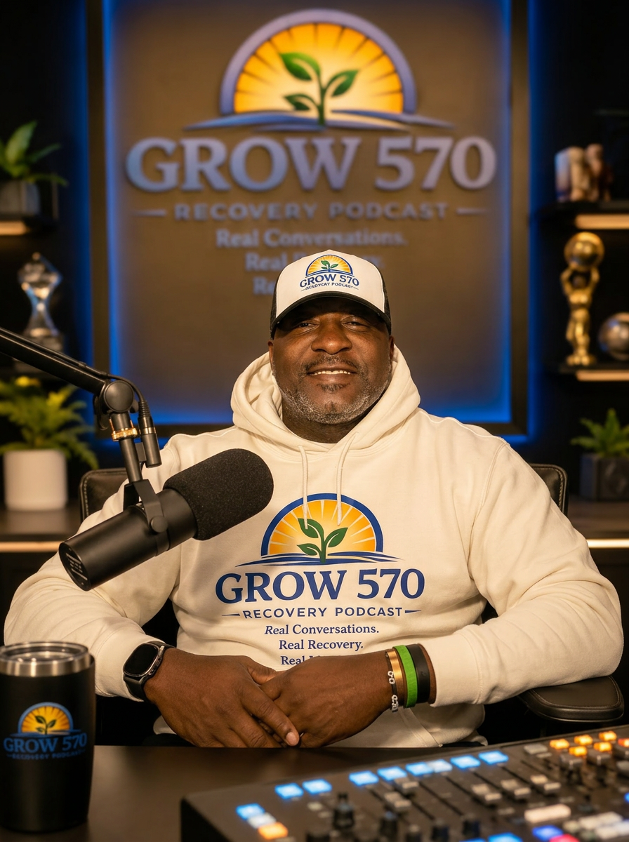 Founder of Grow 570 Recovery Podcast in the studio